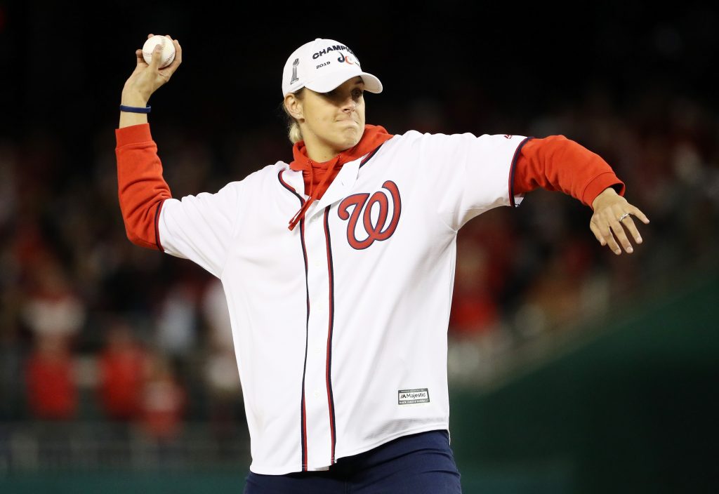 Elena Delle Donne throws out the first pitch at the Washington Nationals Game.